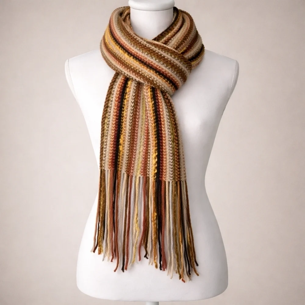 Echo Retro Boho Knit Scarf | Striped Woven Fringe | 60s Flower Child Vibe